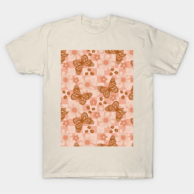Groovy Pink Butterfly Floral Checkered T-Shirt by Hypnotic Highs